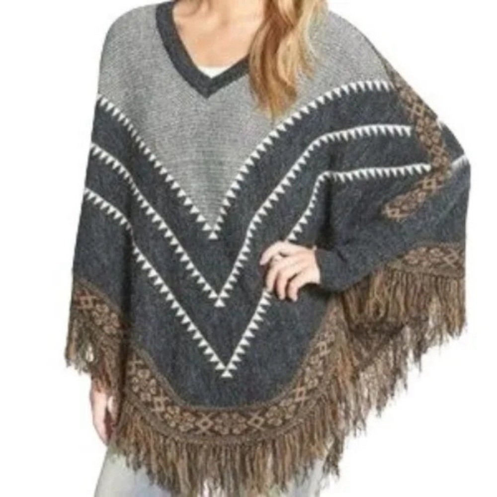 Dreamers 2XL / 3XL Aztec Southwest gray brown bohemian poncho cape sweater Vneck